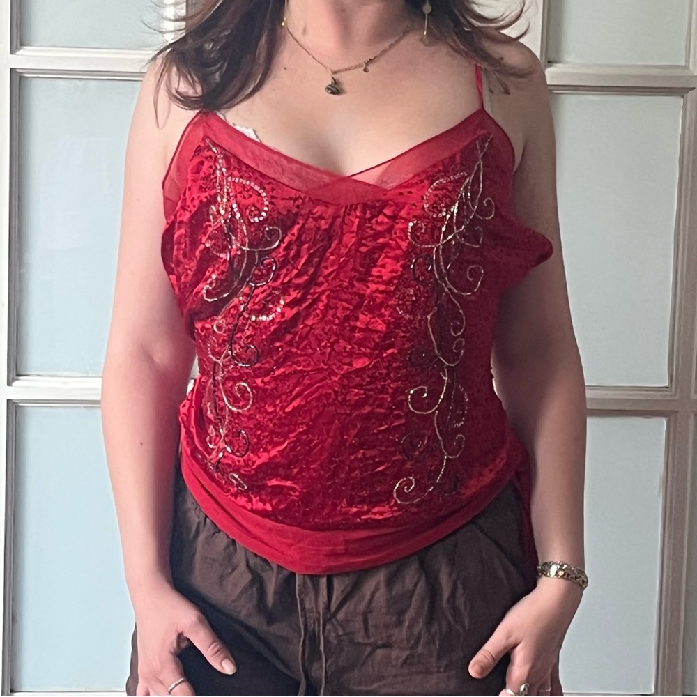 Adrianna Papell Red Embellished Camisole Top